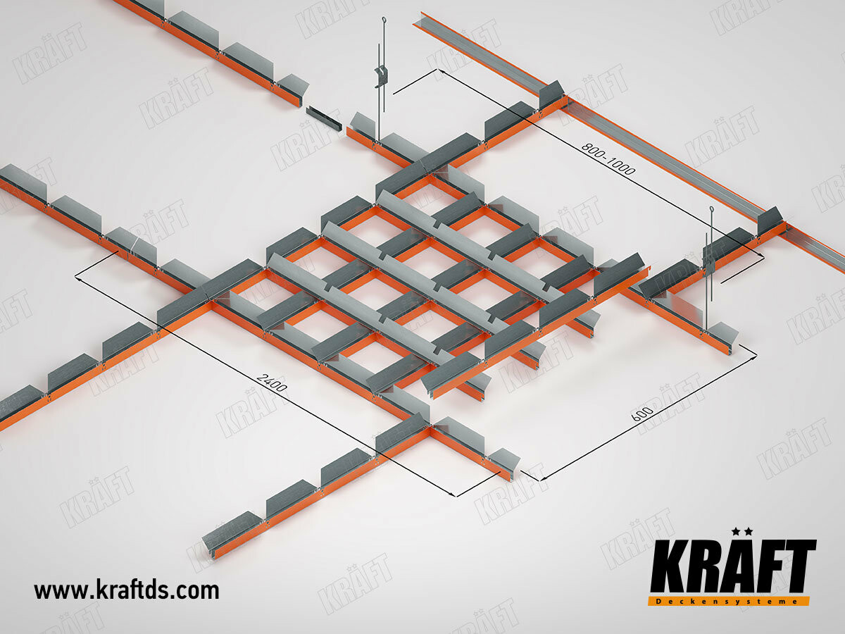 Схема сборки и монтажа подвесного потолка пирамидальный грильято KRAFT